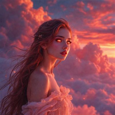The primary subject of the image is a woman with red hair, wearing a pink dress and standing in front of a beautiful pink sky. The setting is a cloudy sky, and the visual style appears to be a digital art or illustration. The colors and mood of the image are predominantly pink, creating a warm and serene atmosphere.